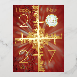 Postal Festiva Con Relieve Metalizado Simetría de ciudad - oro - Logotipo año nuevo 2026