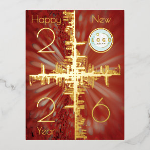 Postal Festiva Con Relieve Metalizado Simetría de ciudad - oro - Logotipo del año nuevo 