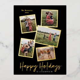 Postal Festiva Con Relieve Metalizado Simple Script Felices Fiestas 3 Foto Collage Dorad
