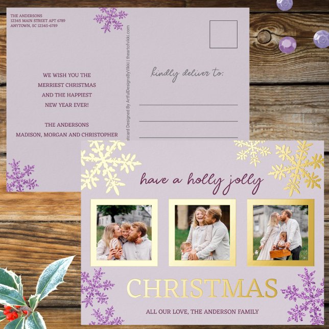 Postal Festiva Con Relieve Metalizado Snowflake Morple Glam 3 Navidades de fotografía Go (Your 3 photos plus purple snowflakes and real foil printing makes these Christmas postcards jolly)