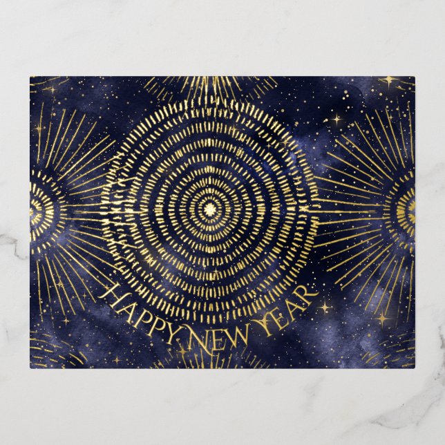 Postal Festiva Con Relieve Metalizado Starry Night Gold Starburst Pattern (Anverso)