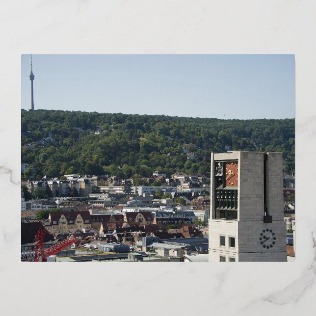 Postal Festiva Con Relieve Metalizado Stuttgart Stadtansicht vom Turm der Stiftskirche (Anverso)