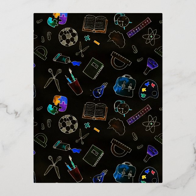 Postal Festiva Con Relieve Metalizado Suministros escolares de patrón sin igual, escuela (Anverso)