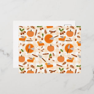 Postal Festiva Con Relieve Metalizado Tarta De Calabaza Patrón De Otoño