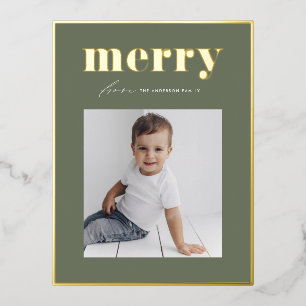 Postal Festiva Con Relieve Metalizado Taupe Green Photo Navidades Retro Merry Typography