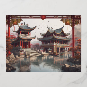 Postal Festiva Con Relieve Metalizado templo chino