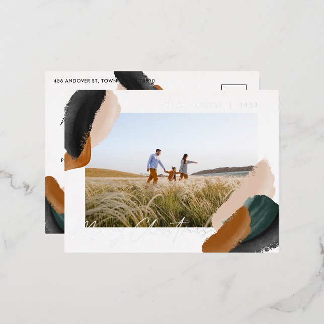 Postal Festiva Con Relieve Metalizado Terracota verde moderna de mínima acuarela foto h (Anverso/Reverso)