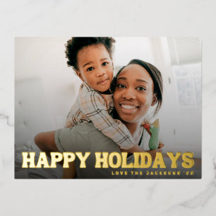 Postal Festiva Con Relieve Metalizado texto BOLD de felices fiestas foto feliz navidad