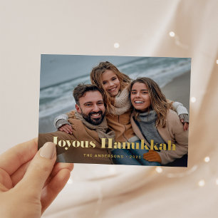 Postal Festiva Con Relieve Metalizado Texto y foto Gold Modern   Joyous Hanukkah