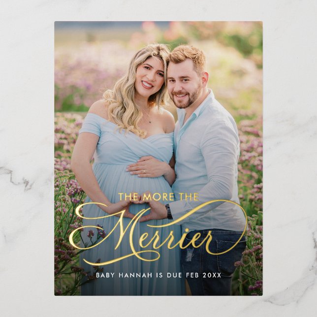 Postal Festiva Con Relieve Metalizado The More The Merrier Pregnancy Announcement Photo (Anverso)