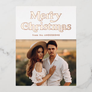 Postal Festiva Con Relieve Metalizado Tipo Retro Feliz Navidad Foto Rosa Dorado