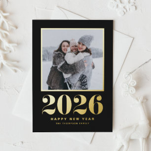 Postal Festiva Con Relieve Metalizado Tipografía de 2025: foto de Año Nuevo feliz negro