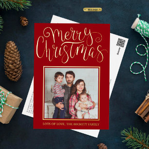 Postal Festiva Con Relieve Metalizado Tipografía de moda "Feliz Navidad", foto real