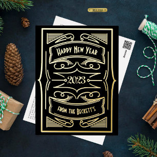 Postal Festiva Con Relieve Metalizado Tipografía Gatsby De Los Años 1920 Año Nuevo Real