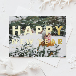 Postal Festiva Con Relieve Metalizado Tipografía moderna en negrita Foto Feliz Año Nuevo