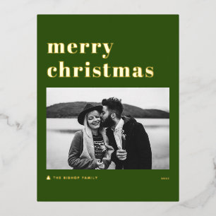 Postal Festiva Con Relieve Metalizado Tipografía Negrita Retro Verde Feliz Navidad Foto