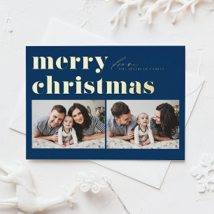 Postal Festiva Con Relieve Metalizado Tipografía Retro Azul Feliz Navidad Dos Fotografía