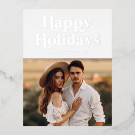 Postal Festiva Con Relieve Metalizado Tipografía retro Felices Fiestas Foto Plata