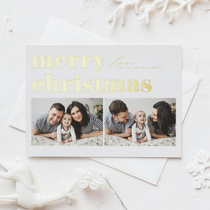 Postal Festiva Con Relieve Metalizado Tipografía Retro Feliz Navidad Dos Fotos