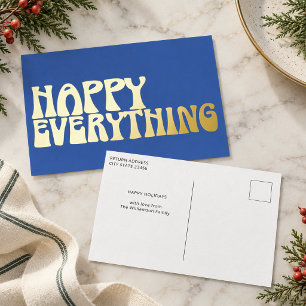 Postal Festiva Con Relieve Metalizado Tipografía Retro Groovy Feliz Todo Azul Oro