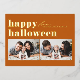 Postal Festiva Con Relieve Metalizado Tipografía retro naranja Feliz Halloween dos fotos