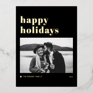 Postal Festiva Con Relieve Metalizado Tipografía retro negrita Black Happy Holidays