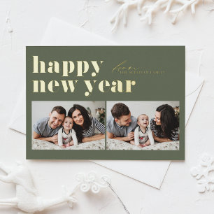 Postal Festiva Con Relieve Metalizado Tipografía Retro Verde Taupe Foto Feliz Año Nuevo