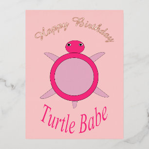 Postal Festiva Con Relieve Metalizado Tortuga rosa dulce Personalizado de bebé cumpleaño