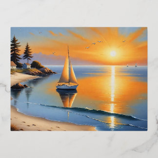 Postal Festiva Con Relieve Metalizado Tranquilidad Sunset Serenity