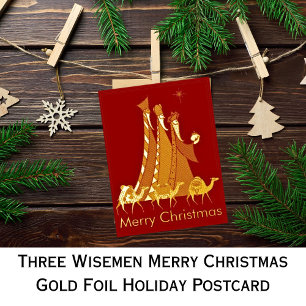 Postal Festiva Con Relieve Metalizado Tres Wisemen Feliz Navidad Gold