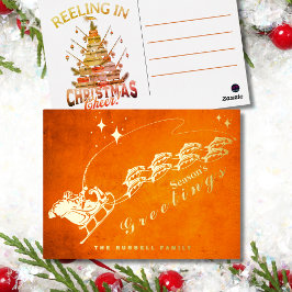 Postal Festiva Con Relieve Metalizado Trineo de Pesca de Santa Saludos de la Temporada