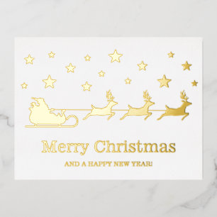 Postal Festiva Con Relieve Metalizado Trineo de Santa con renos - Feliz Navidad