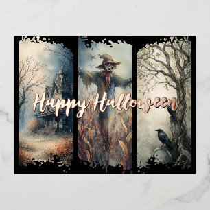 Postal Festiva Con Relieve Metalizado Tríptico de pincel de Halloween