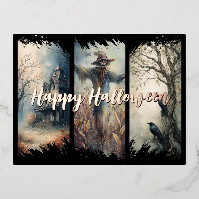 Postal Festiva Con Relieve Metalizado Tríptico de pincel de Halloween (Anverso)