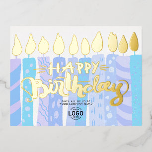 Postal Festiva Con Relieve Metalizado Tu logo Divertido Blue Candles Business Feliz cump