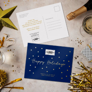 Postal Festiva Con Relieve Metalizado Tu logotipo "Minimalista Navy Blue Gold Stars"