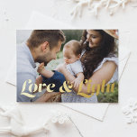 Postal Festiva Con Relieve Metalizado Typografía retro de amor y luz. Foto Hanukkah<br><div class="desc">Amor y luz | Envíe sus saludos de Hanukkah a la familia y amigos con esta postal de personalizable Hanukkah. Presenta tipografía retro audaz. Personalice esta foto de la tarjeta Hanukkah añadiendo sus detalles. Esta postal de Hanukkah, Relieve metalizado dorado, está disponible en otros colores y material de cartón. También...</div>