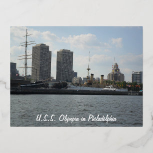 Postal Festiva Con Relieve Metalizado U.S.S. Olympia en Filadelfia