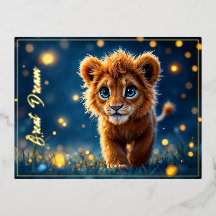 Un bebé león mágico caminando en una noche de fant