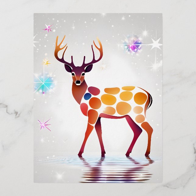 Postal Festiva Con Relieve Metalizado Un ciervo con puntos que se convierten en estrella (Anverso)