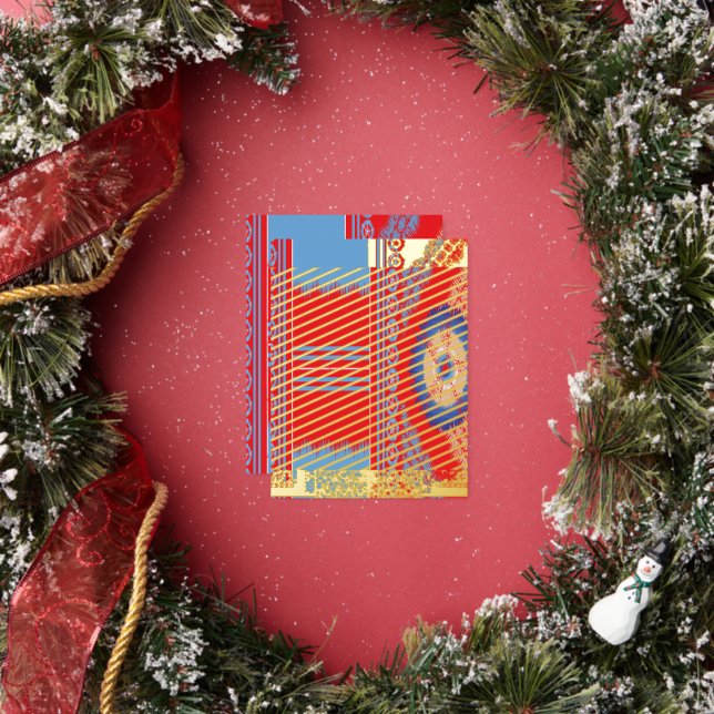 Postal Festiva Con Relieve Metalizado un diseño de un patrón rojo y azul (in situ)
