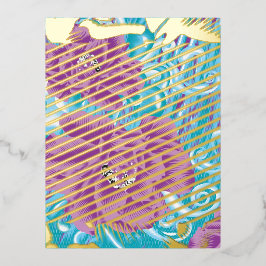 Postal Festiva Con Relieve Metalizado Un diseño textil vibrante con púrpura y turq