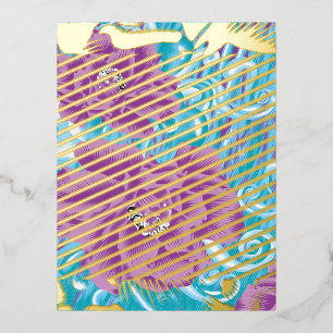 Postal Festiva Con Relieve Metalizado Un diseño textil vibrante con púrpura y turq