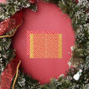 Postal Festiva Con Relieve Metalizado un fondo rojo y blanco con un patrón de diamante