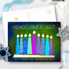 Postal Festiva Con Relieve Metalizado Velas azules de Hanukkah Paz Amor Luz Oro Real