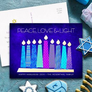 Postal Festiva Con Relieve Metalizado Velas de Hanukkah Paz Amor Luz Azul Oro Real