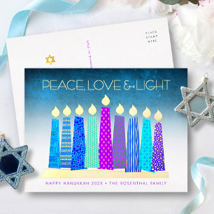 Postal Festiva Con Relieve Metalizado Velas de Hanukkah Paz Amor Turquesa Oro Real 