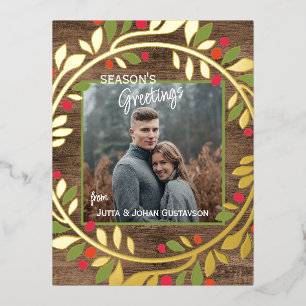 Postal Festiva Con Relieve Metalizado Verde clásico personalizado Acebo Bayas rojas Foll