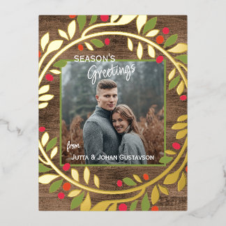 Postal Festiva Con Relieve Metalizado Verde clásico personalizado Acebo Bayas rojas Foll