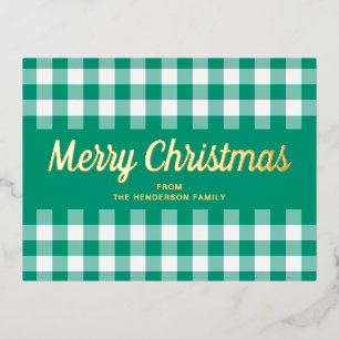 Postal Festiva Con Relieve Metalizado Verde Moderno de Cuadros Feliz Navidad en Oro